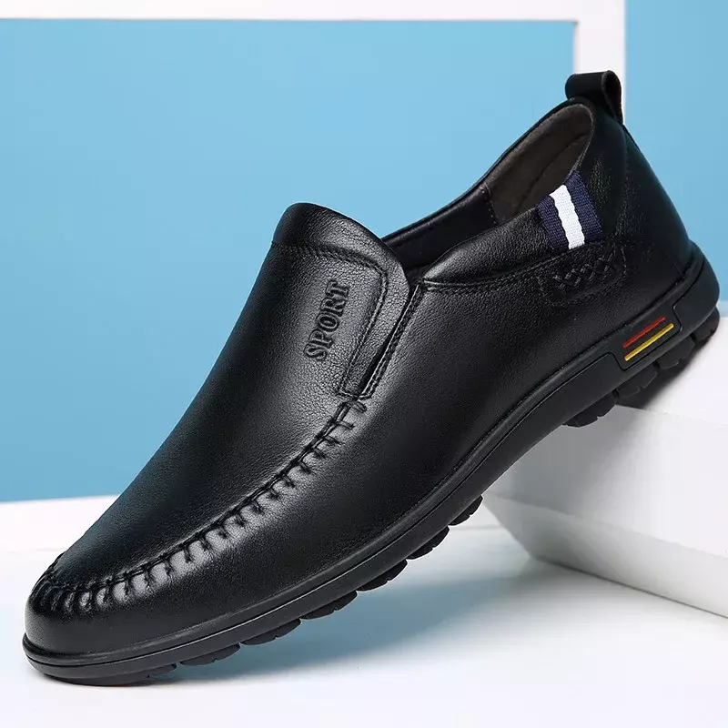 Nowe, wsuwane płaskie skórzane buty męskie na co dzień letnie modne mokasyny dla mężczyzn, ręcznie szyte buty męskie z płytkimi ustami
