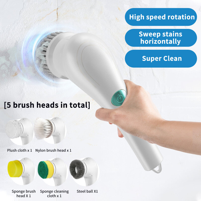 Elektrische Spin Reinigingsborstel Met 5 Pcs Heads Draadloze Draagbare Scrubborstel Handheld Scrubber Geschikt Voor Badkamer Keuken Tool
