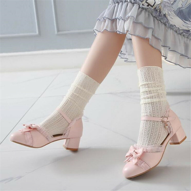 Sandal Anak-anak Sepatu Hak Tinggi Anak Perempuan Lolita Sepatu Pump Wanita Model Ikatan Simpul Ruffle Pesta Pernikahan Putri Pink Ukuran 28-43