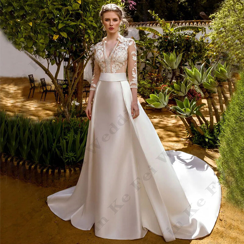 Einfache elegante weiße Satin Brautkleider für Frauen Mode sexy tiefen V-Ausschnitt lange Ärmel schöne Spitze Applikation Brautkleid