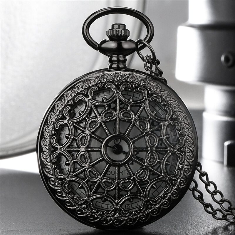 Antique Hollow w stylu Vintage czarny pajęczyna Steampunk czarny naszyjnik pielęgniarka kwarcowy zegarek kieszonkowy na łańcuszku relogio de bolso Xmas prezent
