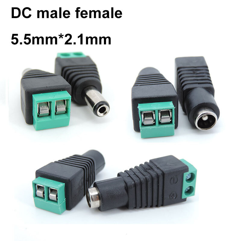 DC Feminino Masculino Power Plug Adapter Connector, Tomada de energia, Terminal de cabo para câmeras CCTV Strip, E1, 5.5mm x 2.1mm, 5Pcs