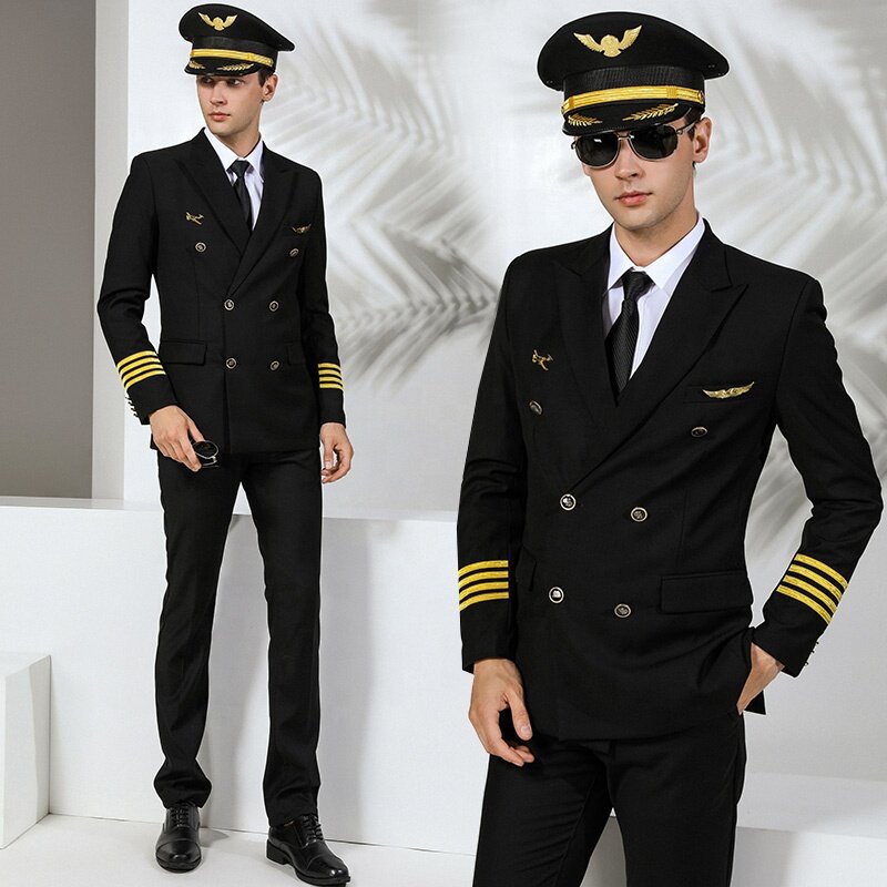 Uniformes de azafata de avión, camisa de piloto de aviador, azul marino