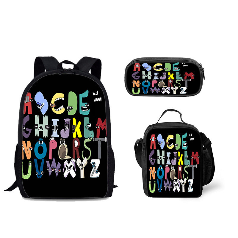 Creative Cartoon Alphabet Print 3Pcs/Set Student School Bag Teen Boys Girls Storage Backpack Laptop Daypack Lunch Bag Pencil Bag