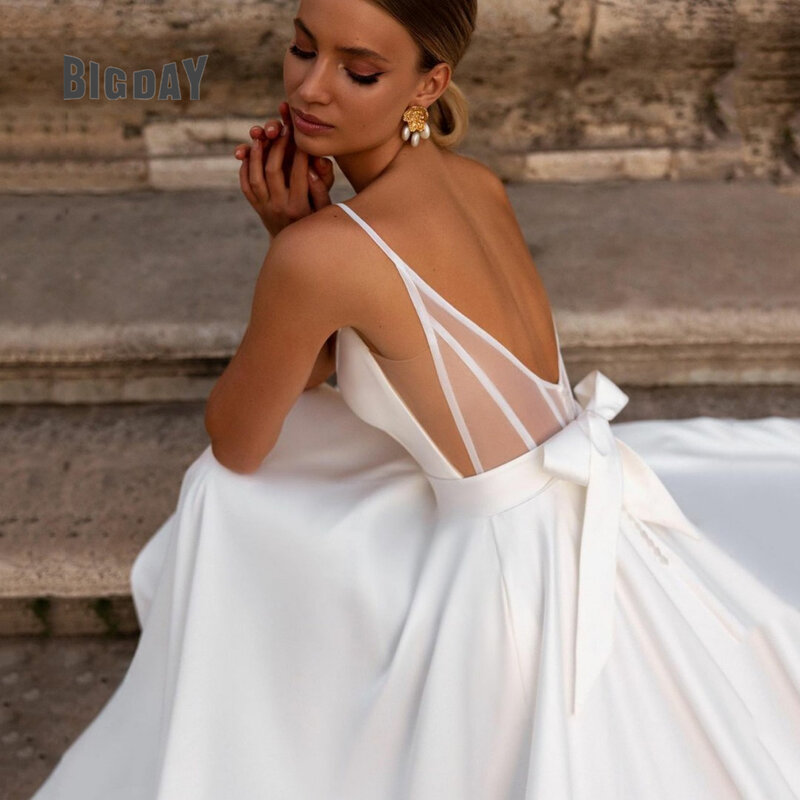 Elegante vestido de noiva em linha A para mulheres, cintas de espaguete, vestido de noiva aberto, decote doce, 2021