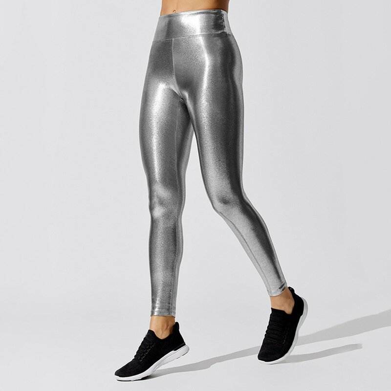 Celana Yoga wanita pinggang tinggi kilau metalik pakaian olahraga Gym Y2k Legging wanita celana ketat seksi mengkilap pakaian Legging olahraga