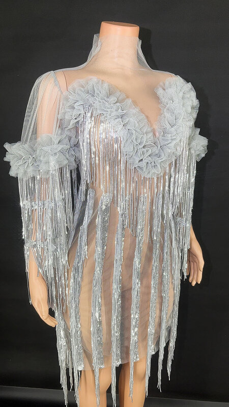 Customized High Shoulder  Mesh lace Tassels Chain Transparent Sequins Sexy Tight Dress Birthday Party  Dress Performance Dress
