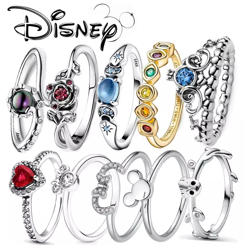 Disney-925 Sterling Silver Princesa Anéis de flor, Mickey, Minnie, Cabeça Sparkling, Margarida, Original Festival Presente da Jóia, Potdemie