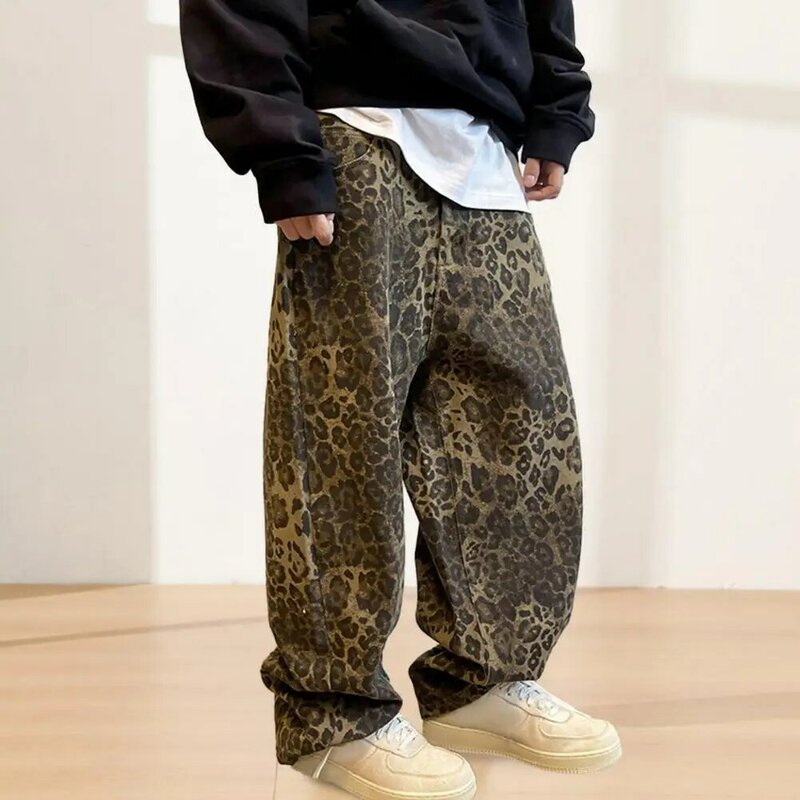 Celana gaya Hip-hop motif macan tutul, celana Hop dengan selangkangan bersirkulasi saku untuk pria, gaya Retro panjang penuh untuk pakaian jalanan