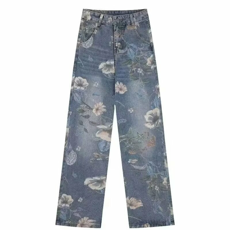 Jeans estampado com flores masculinas, jeans gráfico Y2K, cintura média gótica Harajuku, calças de perna reta, moda masculina coreana, 2024