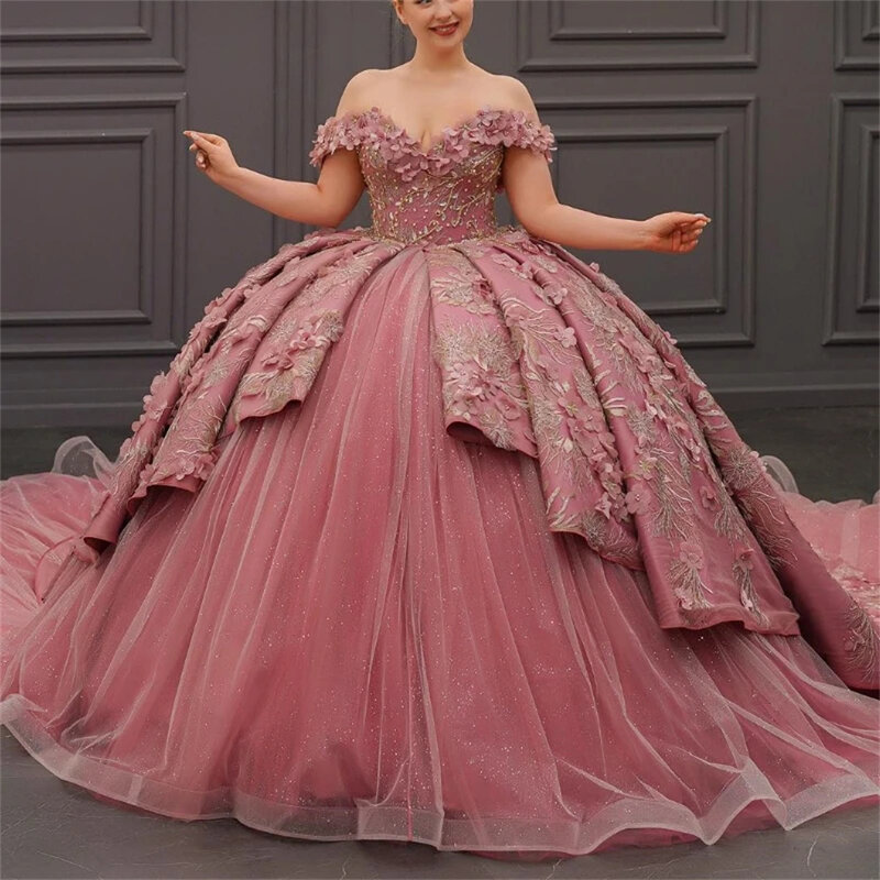 Классические платья Quinceanera с открытыми плечами 3D Цветочная аппликация бусины Vestidos De 15 официальное элегантное платье принцессы