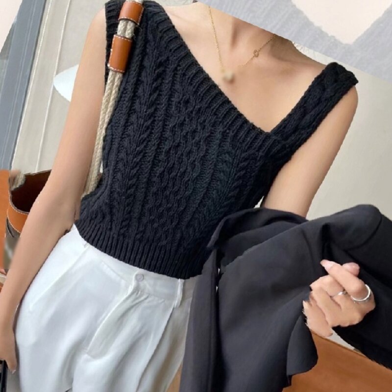 Women Asymmetrical Oblique Neck for Tank Top Summer Cable Knitted Sleeveless Swe Dropship