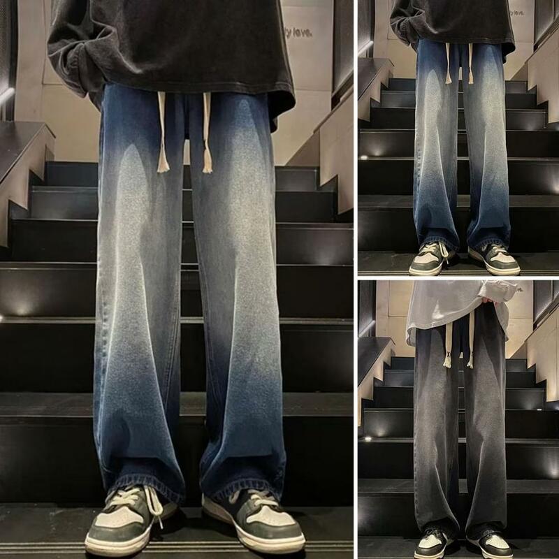 Adjustable Waistline Jeans Retro-inspired Men's Full Length Pants Wide Leg Deep Crotch Elastic Waist for Hip Hop Streetwear Men