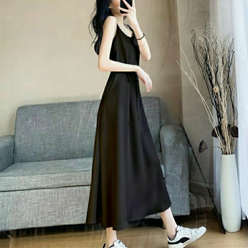 Gaun kamisol sifon hitam wanita, gaun panjang musim panas gaya ramping dipasangkan dengan rok panjang Bawah