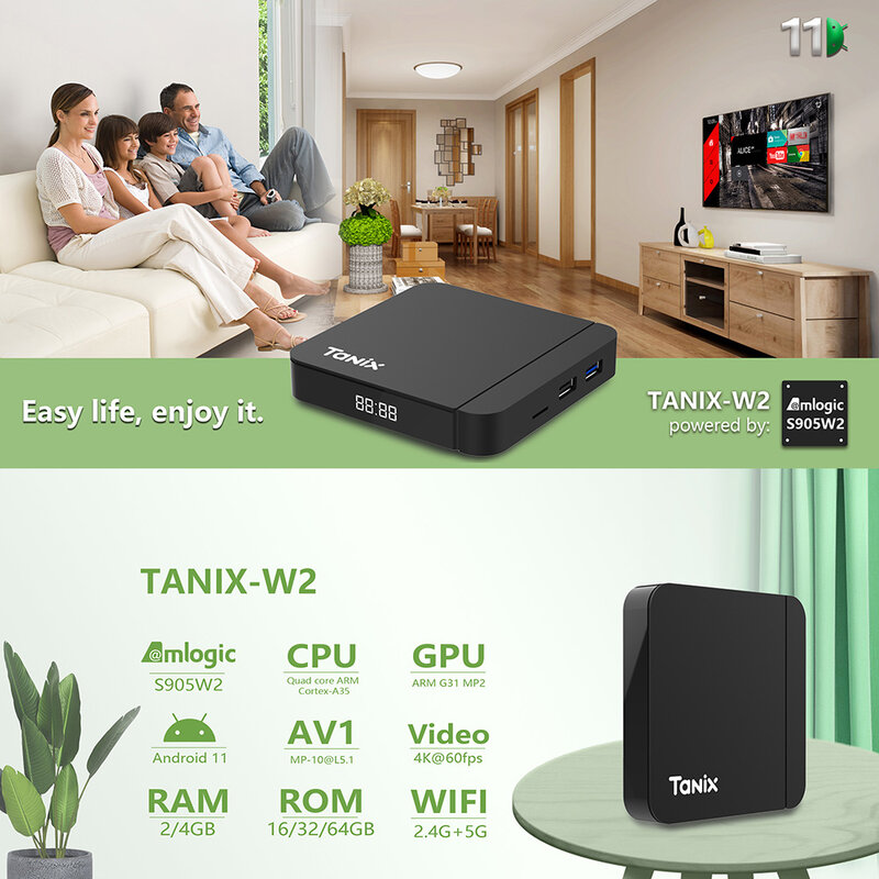 Tanix-Dispositivo de TV inteligente W2, decodificador con Android 11, Amlogic S905W2, 4GB, 64GB, compatible con AV1, Wifi Dual, reproductor multimedia, 32GB, 2GB, 16GB