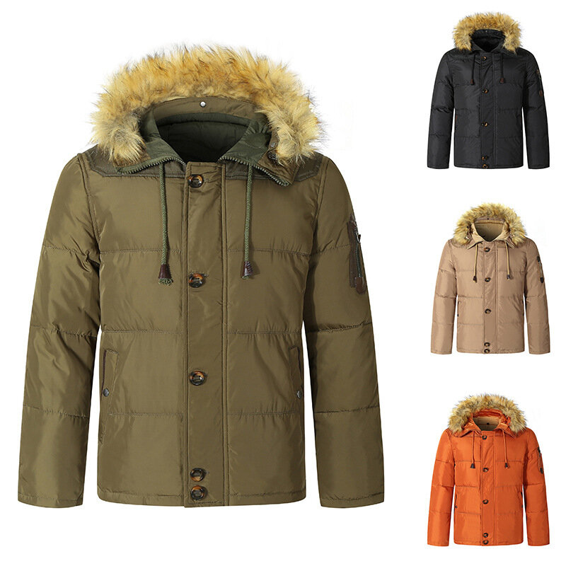 メンズダウンジャケット,冬用の白い毛皮の襟付きパーカー,厚い屋外の暖かいゆったりとしたジャケット,冬