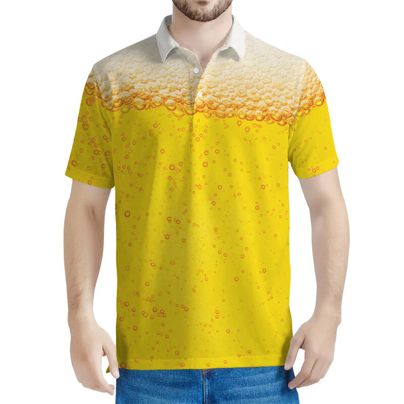 Polo de bière imprimé en 3D pour hommes et femmes, t-shirt à revers, t-shirts d'été à boutons, streetwear à manches courtes, festival de la mode, nouveau