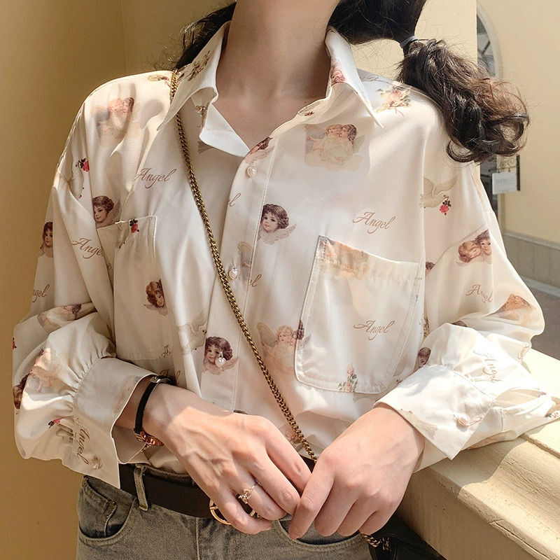 Deeptown Harajuku Angel Print Vrouwen Shirt Vintage Elegante Blouses Vrouwen 2022 Lantaarn Mouw Vrouwelijke Kleding Kawaii 90S Leuke Top