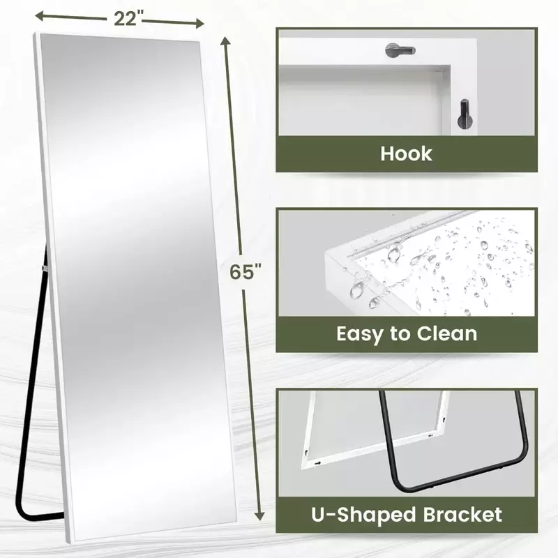 Specchio da pavimento rettangolare grande per camera da letto a parete, telaio sottile in lega di alluminio, bianco, 65 "x 22"