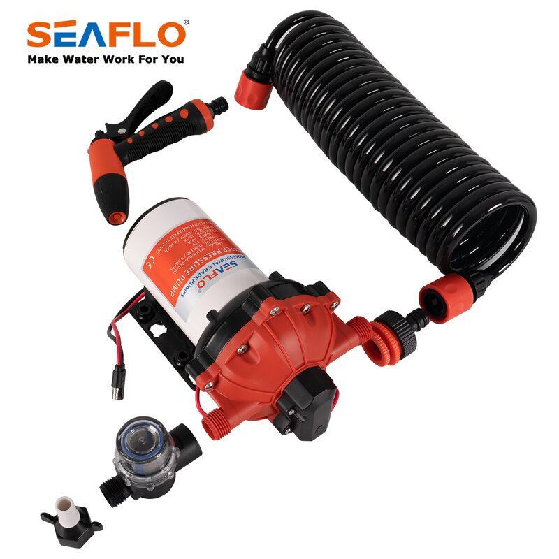 SEAFLO 55 Series Diaphragm Water Pump Our Heavy-duty Washdown Kit 5.0GPM 60PSI 12V with 6.5m Coiled Hose On-Board