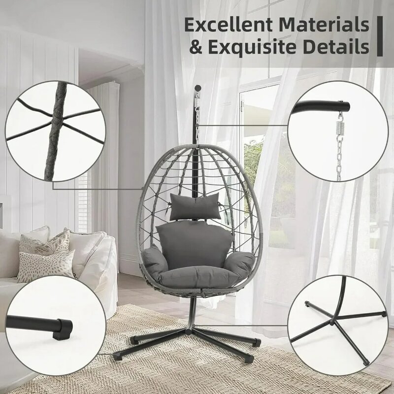 Cadeira de ovos com suporte, Hammock Hanging Chair, Nest Basket, Almofadas removíveis e laváveis, Resistente a UV, 350LBS Capacidade