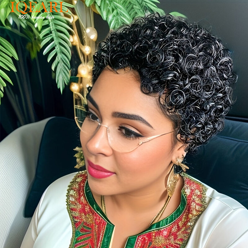 Pelucas de cabello rizado Afro corto para mujeres negras, cabello humano esponjoso africano con flequillo, corte Pixie brasileño, sin pegamento