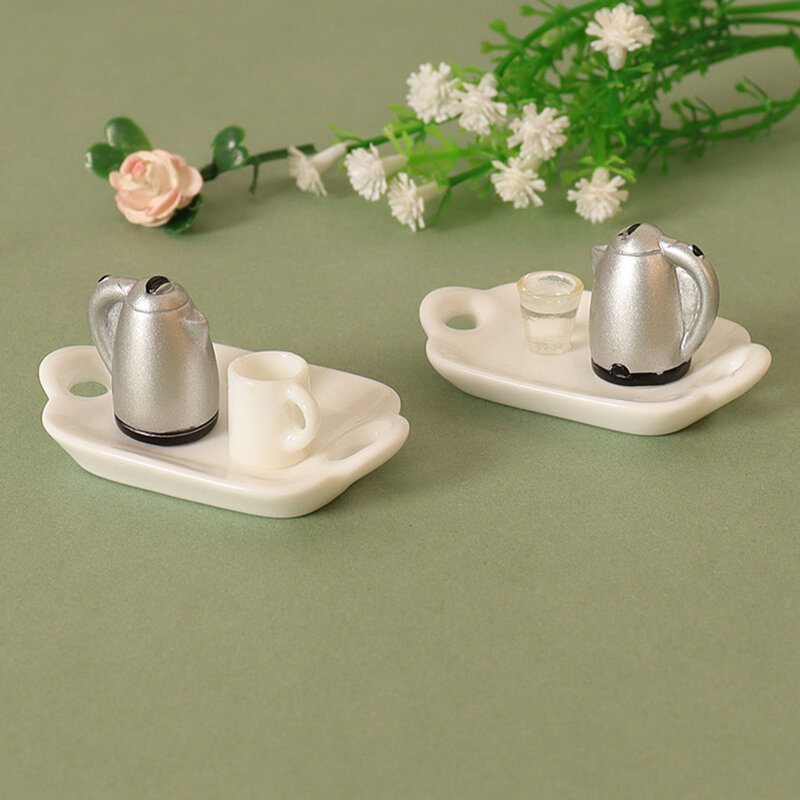 3Pcs/set Dollhouse Simulated Kettle Water Cup With Tray Set For 1/12 DollsHouse Kitchen Scene Decor Accessories Pretend Play Toy