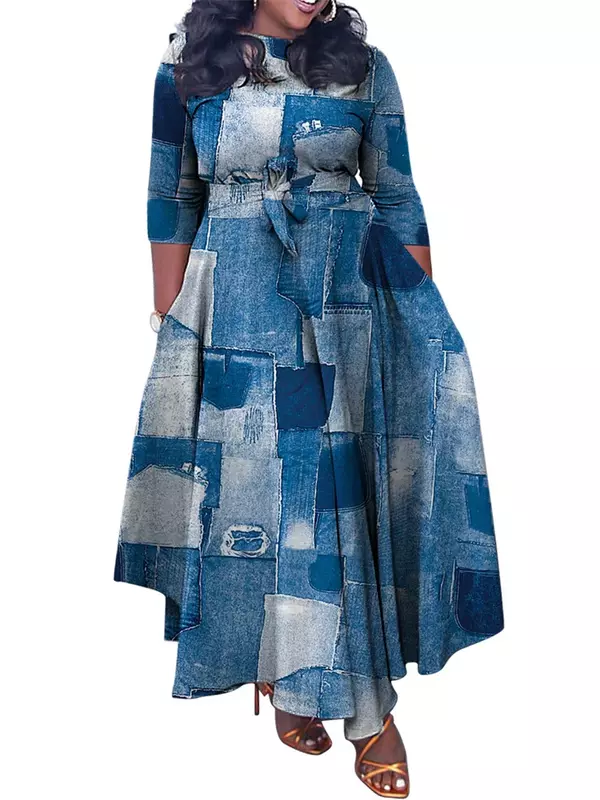 Wmstar-vestido estampado de talla grande para mujer, maxivestido de manga larga con dobladillo grande, ropa de otoño, venta al por mayor, envío directo con vendaje