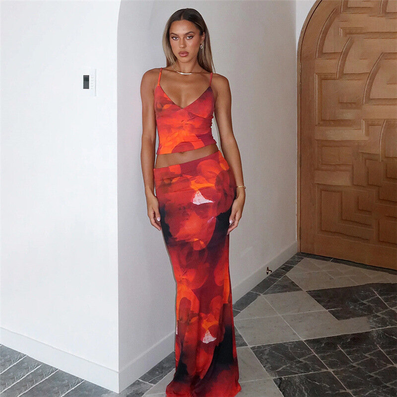 Red 2 Pieces Set Women's Prom Dress V Neck Sleeveless Top+Long Summer Party Gown Sheath Slim Fit Beach Holiday Skirt Robes
