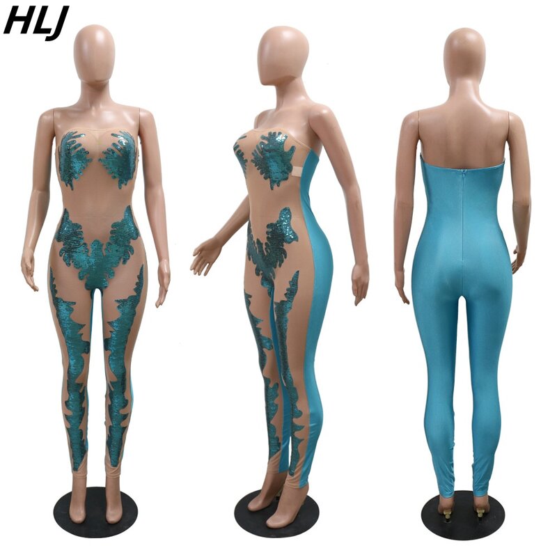 Hlj Fashion Mesh Splicing Perspectief Print Bodycon Jumpsuits Vrouwen Off Shoulder Mouwloze Slanke Playsuits Sexy Rugloos Overall