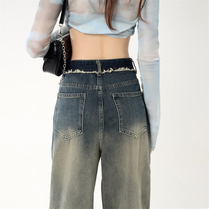 بنطلون جينز البضائع خمر للمرأة ، وارتفاع الخصر ، وجيوب فضفاض فضفاض ، والسراويل الجمالية على التوالي ، Harajuku الشارع الشهير