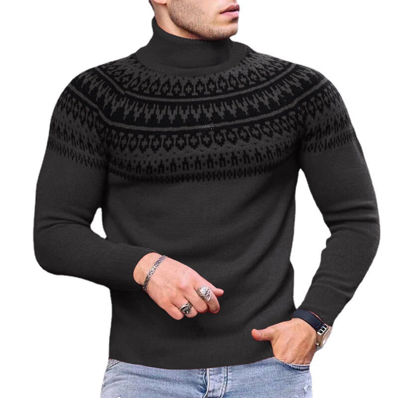 Slim Fit Turtleneck Sweaters Men Autumn Winter Vintage Pattern Printed Long Sleeve Knitting Jumper Tops For Mens Fashion Sweater