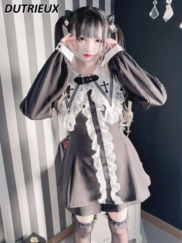 Camisa de manga larga bordada con Cruz de estilo japonés, camisa de costura de encaje con solapa superior controlada por la cintura, pantalones cortos de Base, negro, conjunto de dos piezas