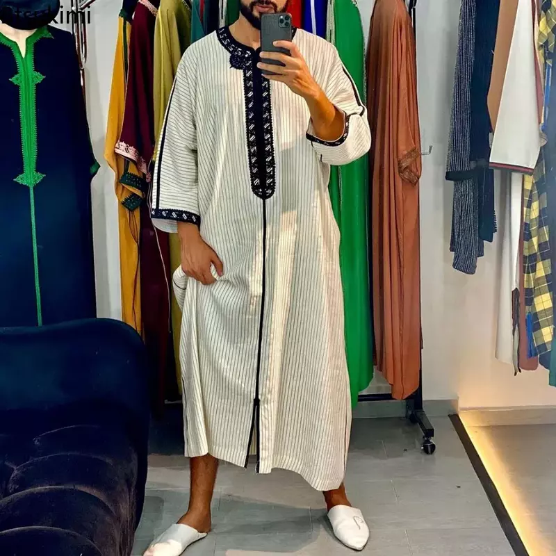 Robe longue décontractée musulmane pour hommes, vêtements islamiques, robe caftan marocaine, robe rayée arabe, costume national du Moyen-Orient, nouveau, 2024