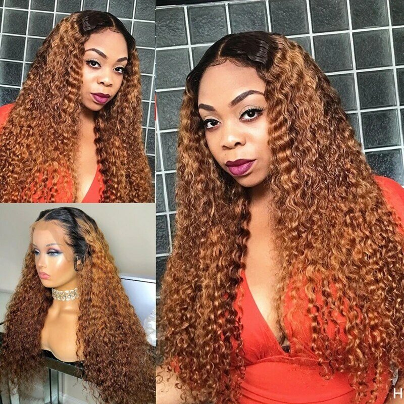 1B30 Glueless Peruvian Curly Lace Front Human Hair Wig Ombre Dark Brown Deep Wave 13x4 Lace Frontal Wig For Women With Baby Hair