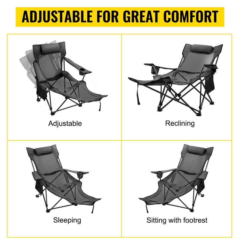 VEVOR kursi Kemah luar ruangan portabel, kursi santai dengan sandaran kaki lipat tempat tidur siang, kursi sandaran pantai memancing