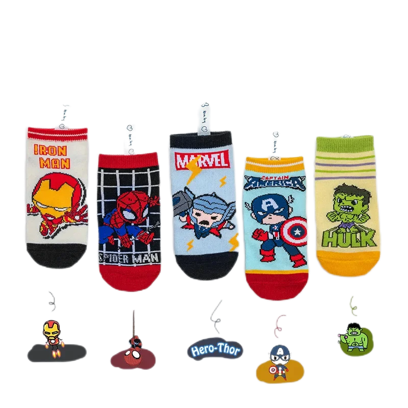 Calcetines de dibujos animados de Spiderman para niños, 5 pares, Anime, Iron Man, Capitán América, verano, primavera, barco, 1-12 años