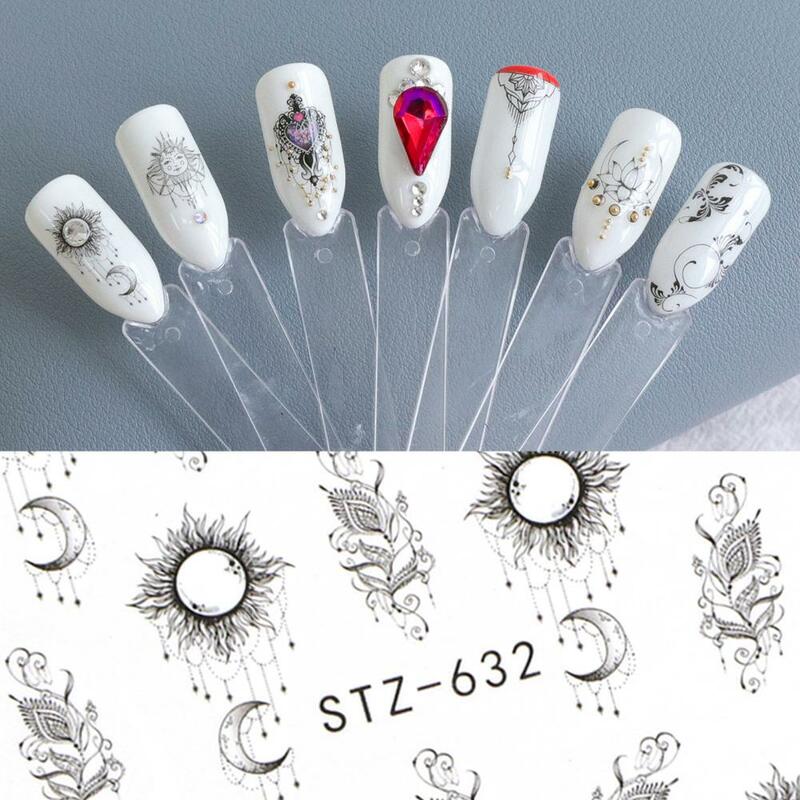 Nail Art Decoration Stickers Nail Art Black Lines Flower Leaves Water Decals Floral Face Marble Pattern Slider For Nails Summer
