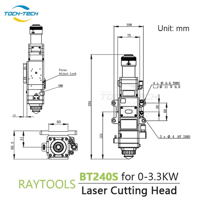 Raytools-Cabeça de corte a laser de fibra, lente de foco automático, baixa potência, BT240S para 0-3kW, QBH Metal, F125 mm, 150mm, 200mm