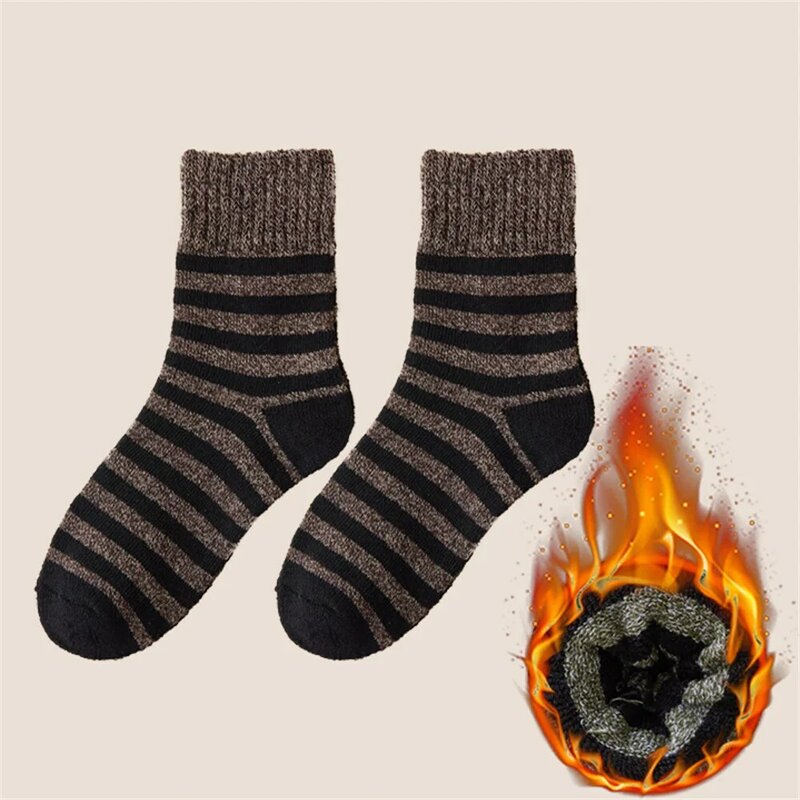 1Pair Autumn Winter Socks for Men's Plush Thickened Warm Medium Tube Floor Socks Retro Casual Simple Fashion Striped Terry Socks