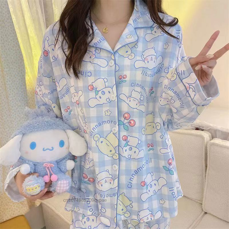 Sanrio Anime Cinnamoroll Women Pajama Sets Spring New Kuromi Home Clothing Y2k Sweet Preppy Sleepwear Girls Tops Pants Two Piece