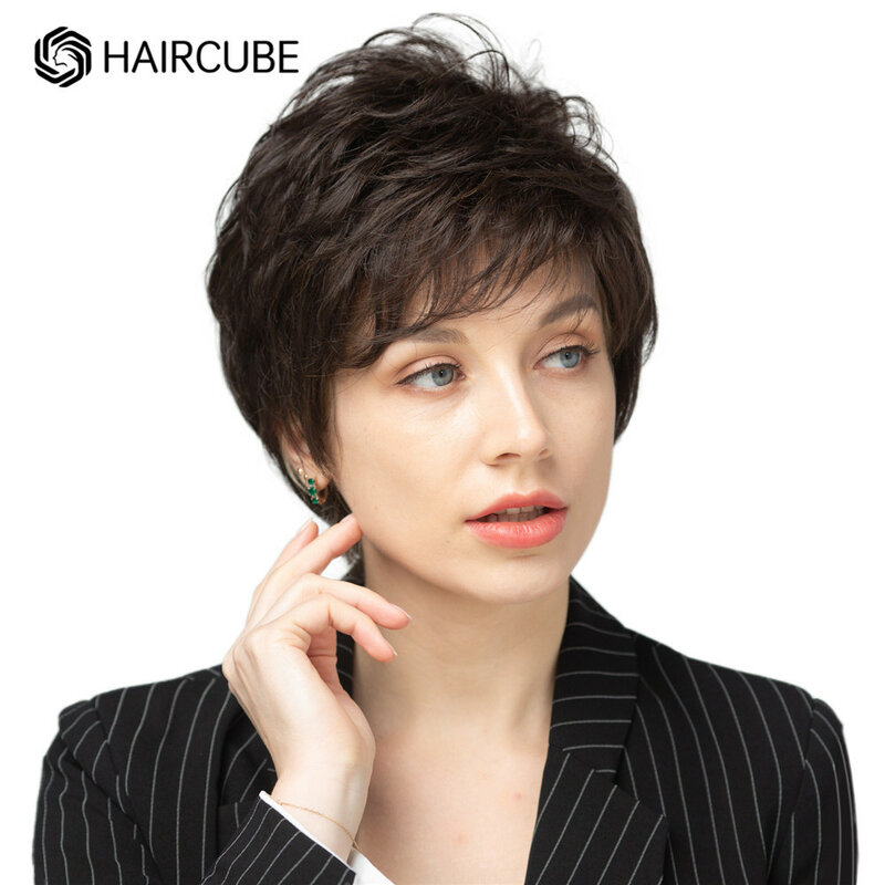 Haircube Korte Pruiken Voor Vrouwen Donkerbruin Pixie Cut Golvend Pruik 30% Menselijk Haar Pruiken Blend Synthetisch Fiber Vrouwen dagelijkse Cosplay Pruik