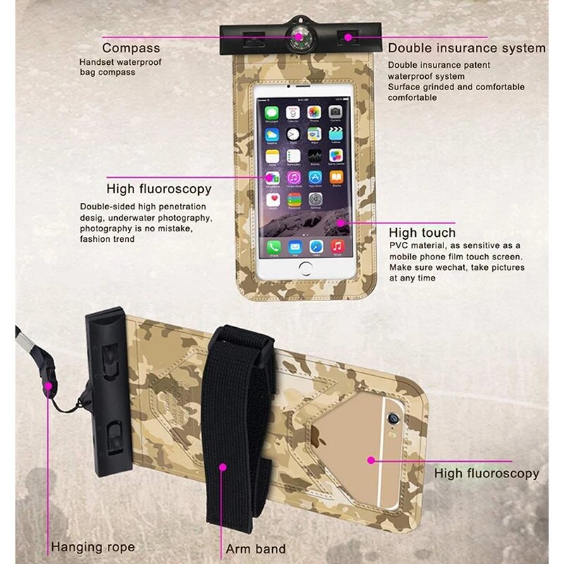 Étui étanche IPX8 pour téléphone portable, sac de natation avec bras à boussole, sac sec de Camouflage pour plongée sous-marine