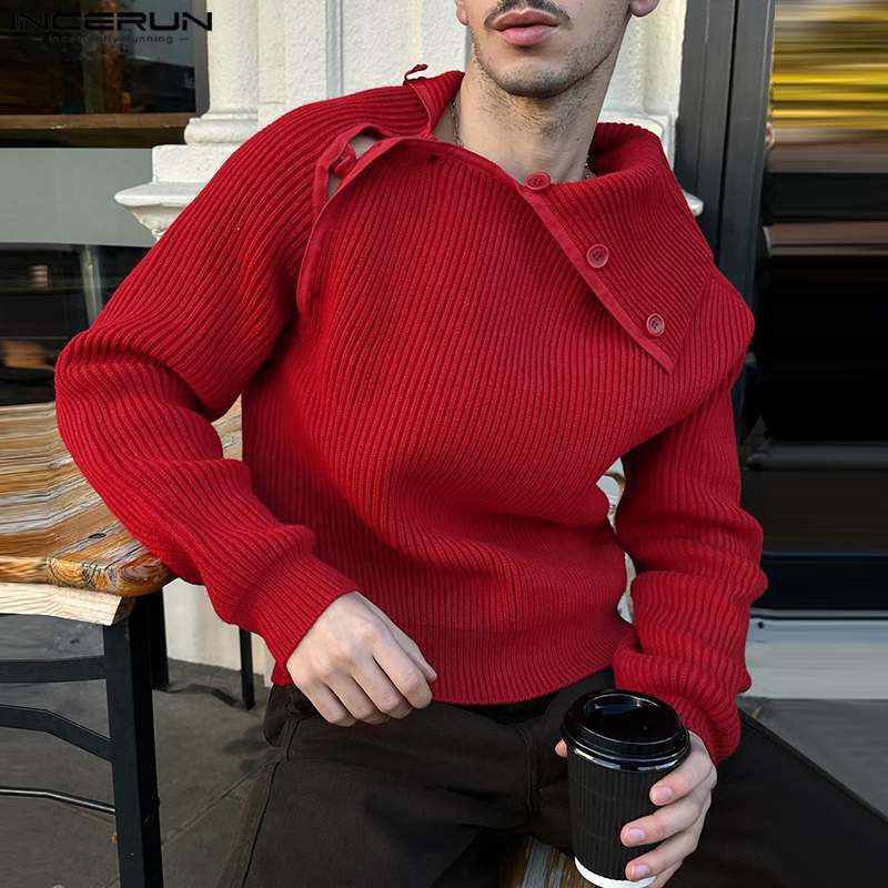 Свитер INCERUN мужской с лацканами и длинным рукавом, однотонный вязаный пуловер на пуговицах, Повседневная Уличная одежда, весна 2024