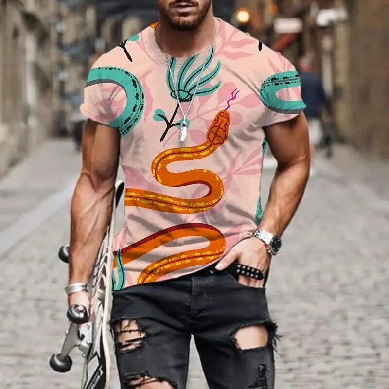 Camiseta con estampado 3d de serpiente de dibujos animados para hombre, camiseta de manga corta transpirable, moda informal creativa, ropa de verano
