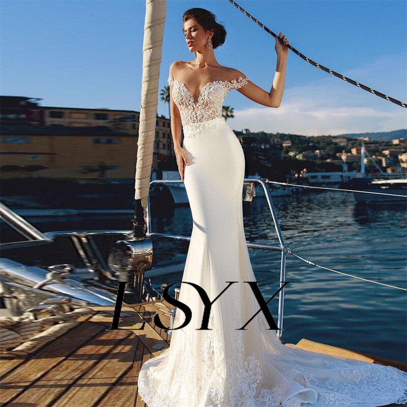 LSYX богемное свадебное платье с открытыми плечами, аппликацией и глубоким V-образным вырезом, креп, Русалка, иллюзионное свадебное платье со шлейфом сзади, индивидуальный пошив