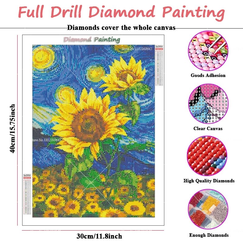 DIY 5D Diamond Painting Kit, girassol, noite estrelada, arte artesanal, brocas completas, Home Art Gift, Novo, 2024