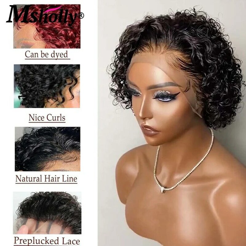 Perucas Curly Bob Curly para mulheres, linha fina natural sem cola, cabelo humano, peruca frontal 13x1, corte Pixie, onda de água