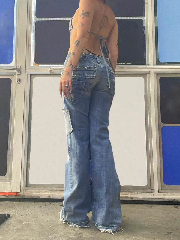 Женские джинсы прямые винтажные широкие джинсы стрейч с высокой талией мешковатые джинсовые брюки с карманами Y2K уличная одежда