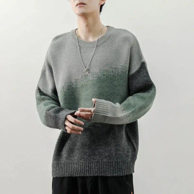 Men Sweaters Gradient Color Stylish Soft Simple Temperament Hong Kong Style Slouchy Gentle Daily Versatile Advanced Harajuku